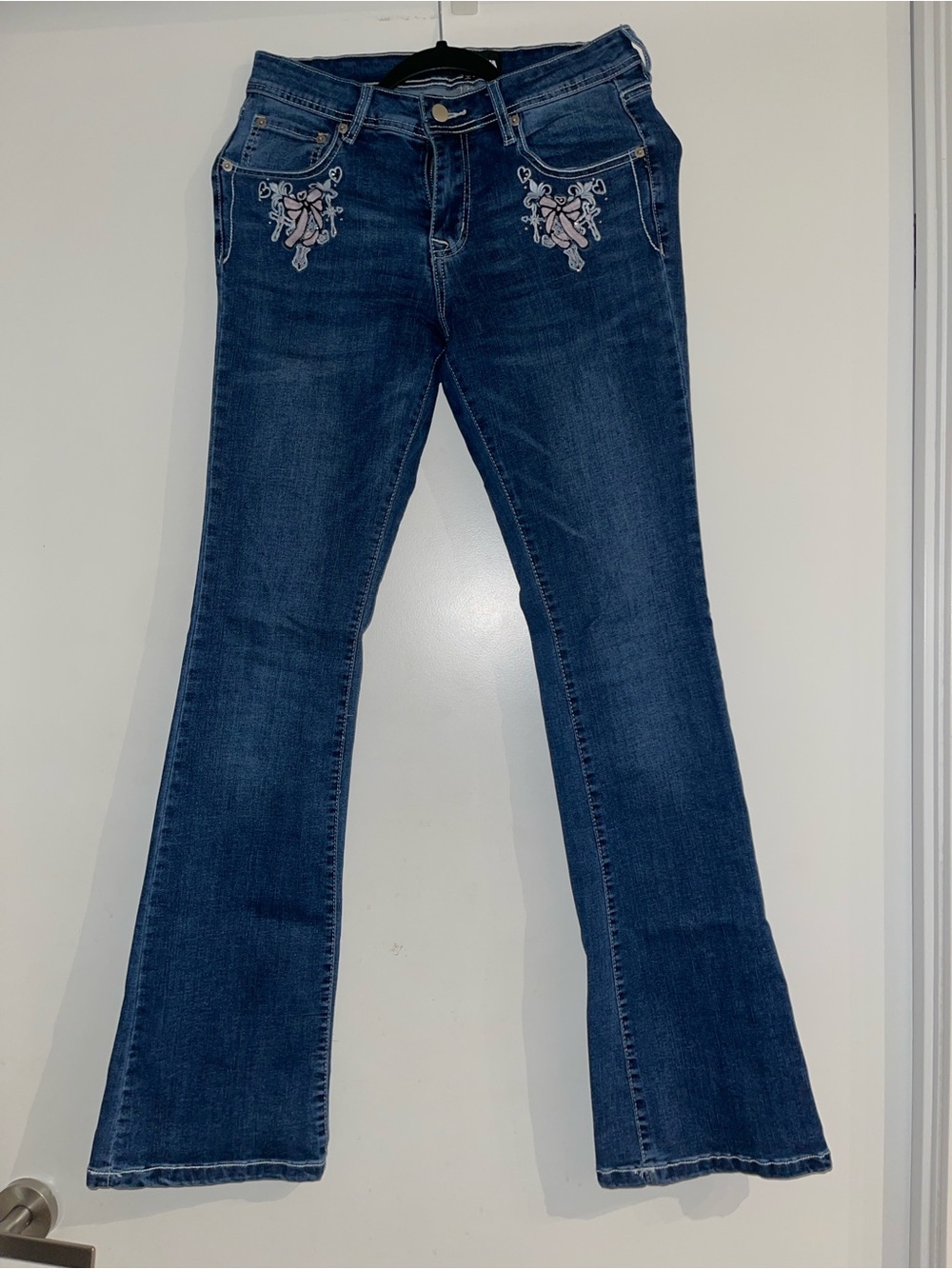 Fashion Nova Dark Blue Embroidered Flare Jeans